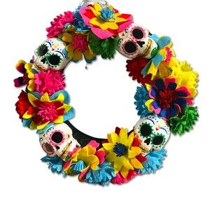 Dia De Los Muertos Day of The Dead Halloween Sugar Skull Floral Wreath, 14 inch